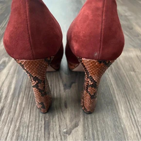 Prada NEW Authentic Burgundy Suede Platform Block Heels with Snakeskin Detail - Picture 7 of 14